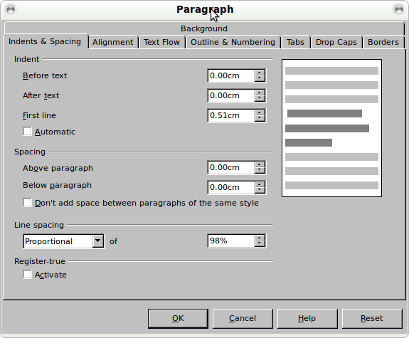Window with line spacing set to 98%